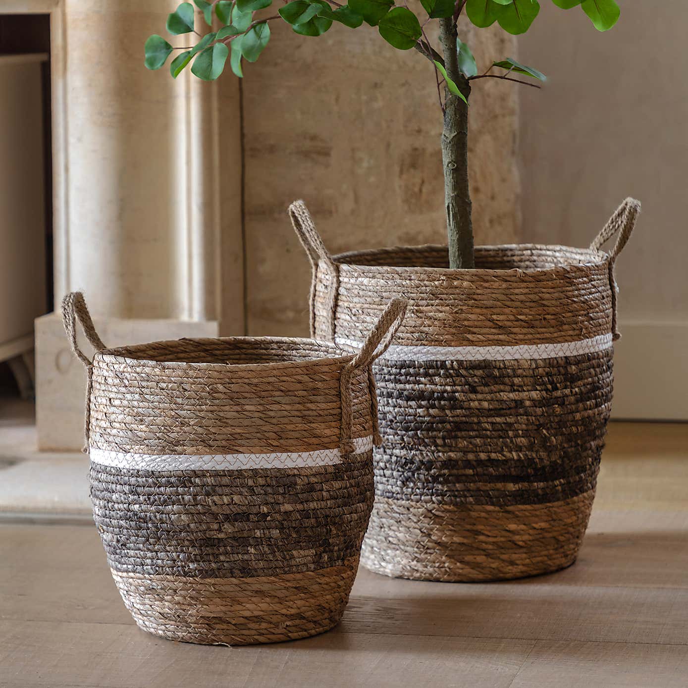 Set of 2 Woven Contrast Stripe Storage Baskets