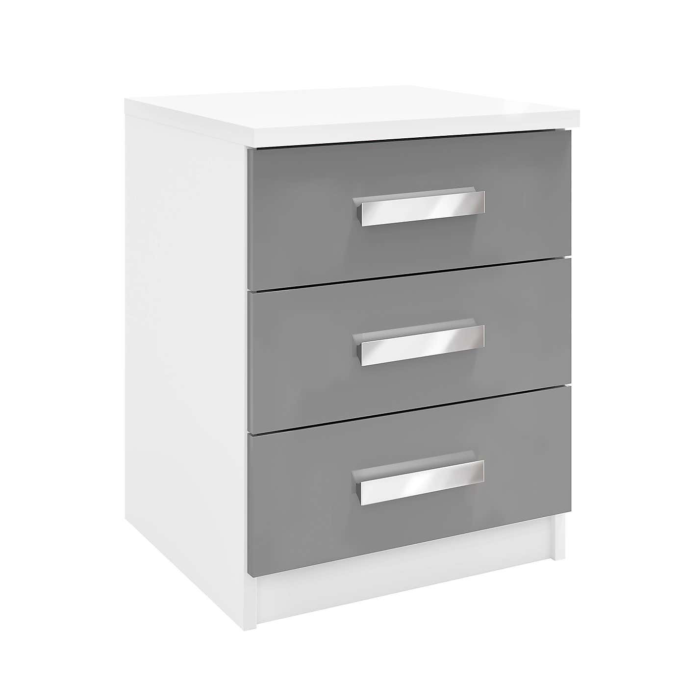 Sudbury 3 Drawer Bedside Table, White and Grey