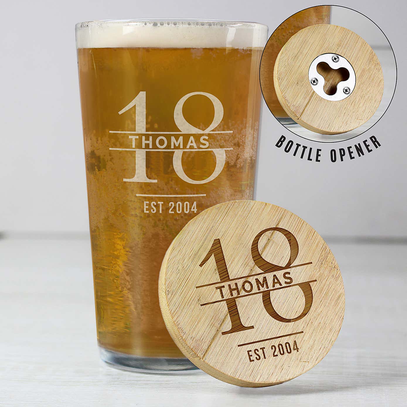 Personalised Birthday Bamboo Bottle Opener Coaster and Pint Glass Set