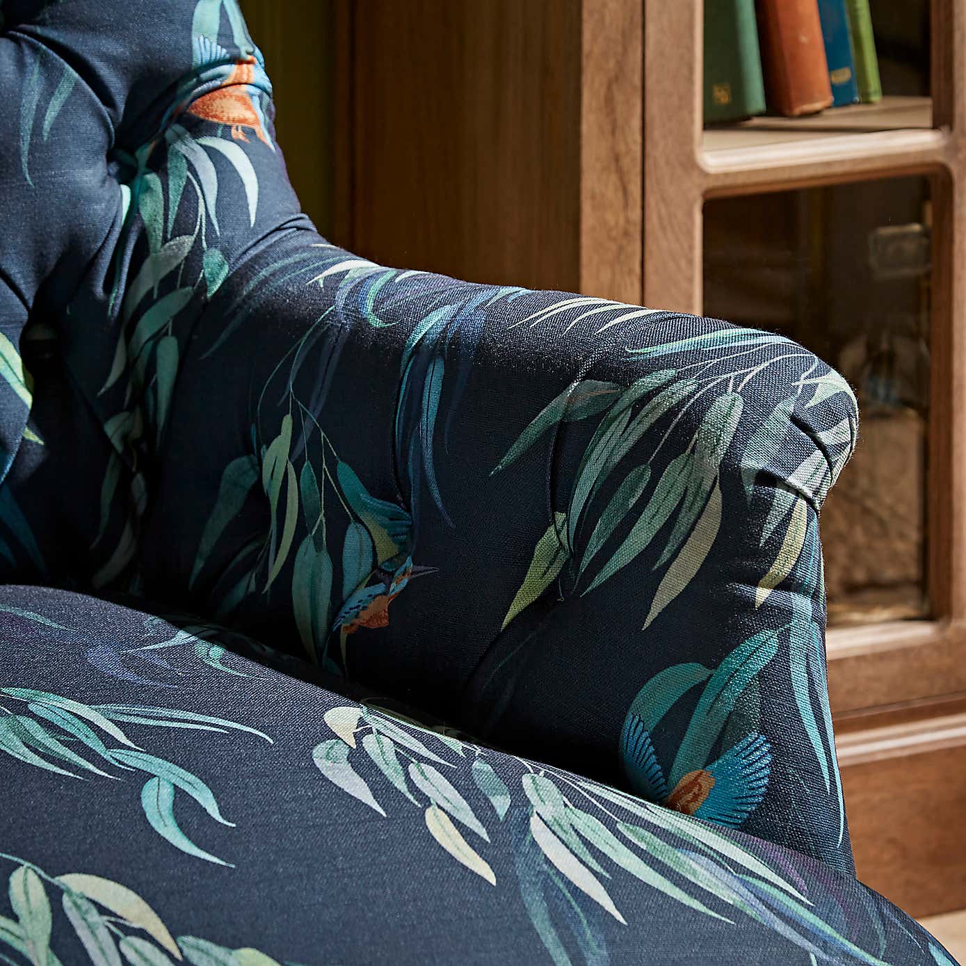 Bibury Button Back Kingfisher Print Occasional Armchair