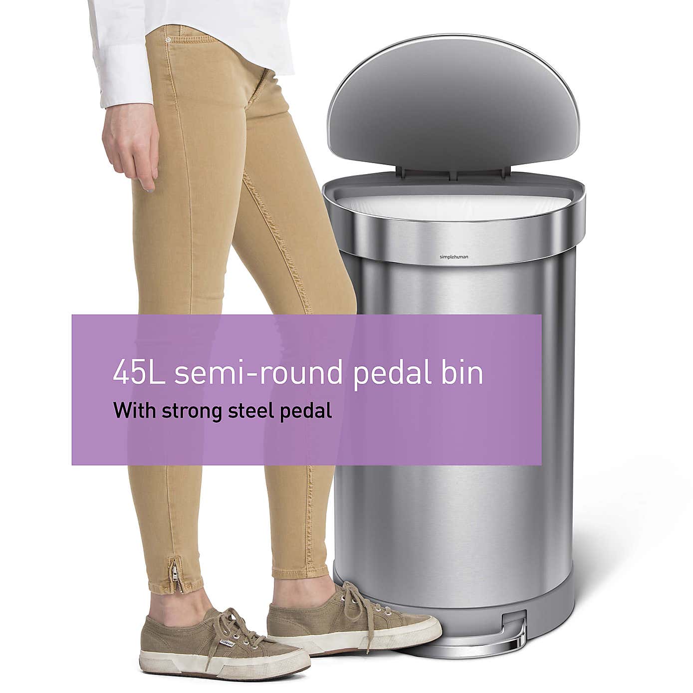 simplehuman Fingerprint Proof 45 Litre Semi Round Pedal Bin