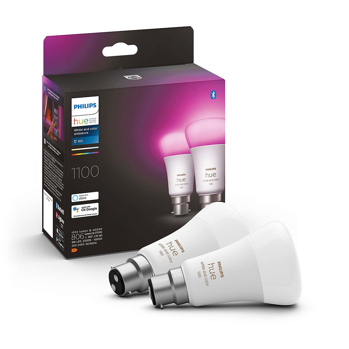 Philips HUE Smart 8 Watt BC LED Colour Changing GLS Bulb 2 Pack