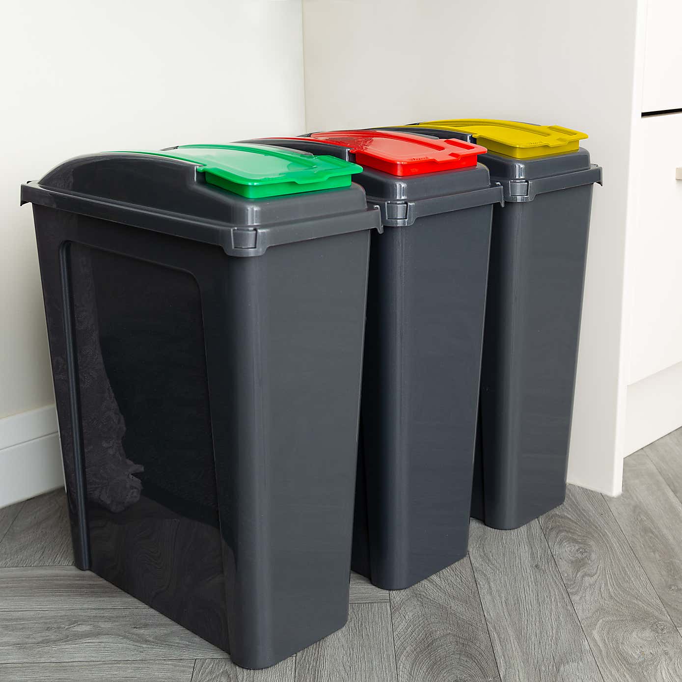 Wham 25L Set of 3 Recycling Bins with Red, Green, & Yellow Lids