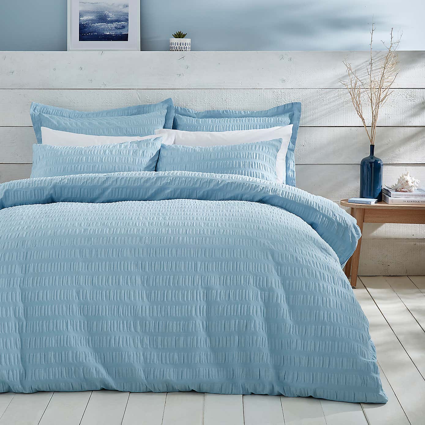 Aria Seersucker Powder Blue Duvet Cover and Pillowcase Set
