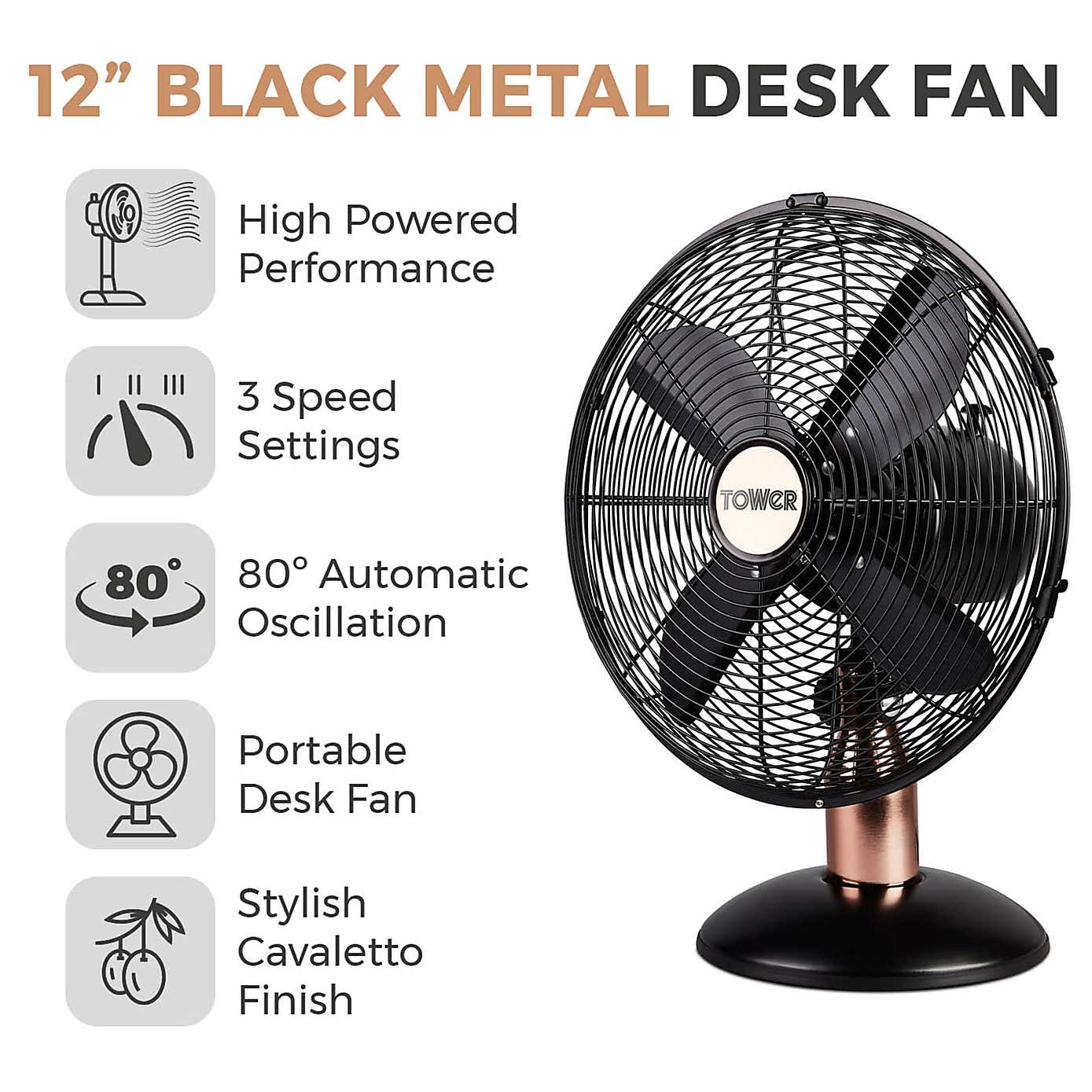 Tower Cavaletto 12" Rose Gold Desk Fan