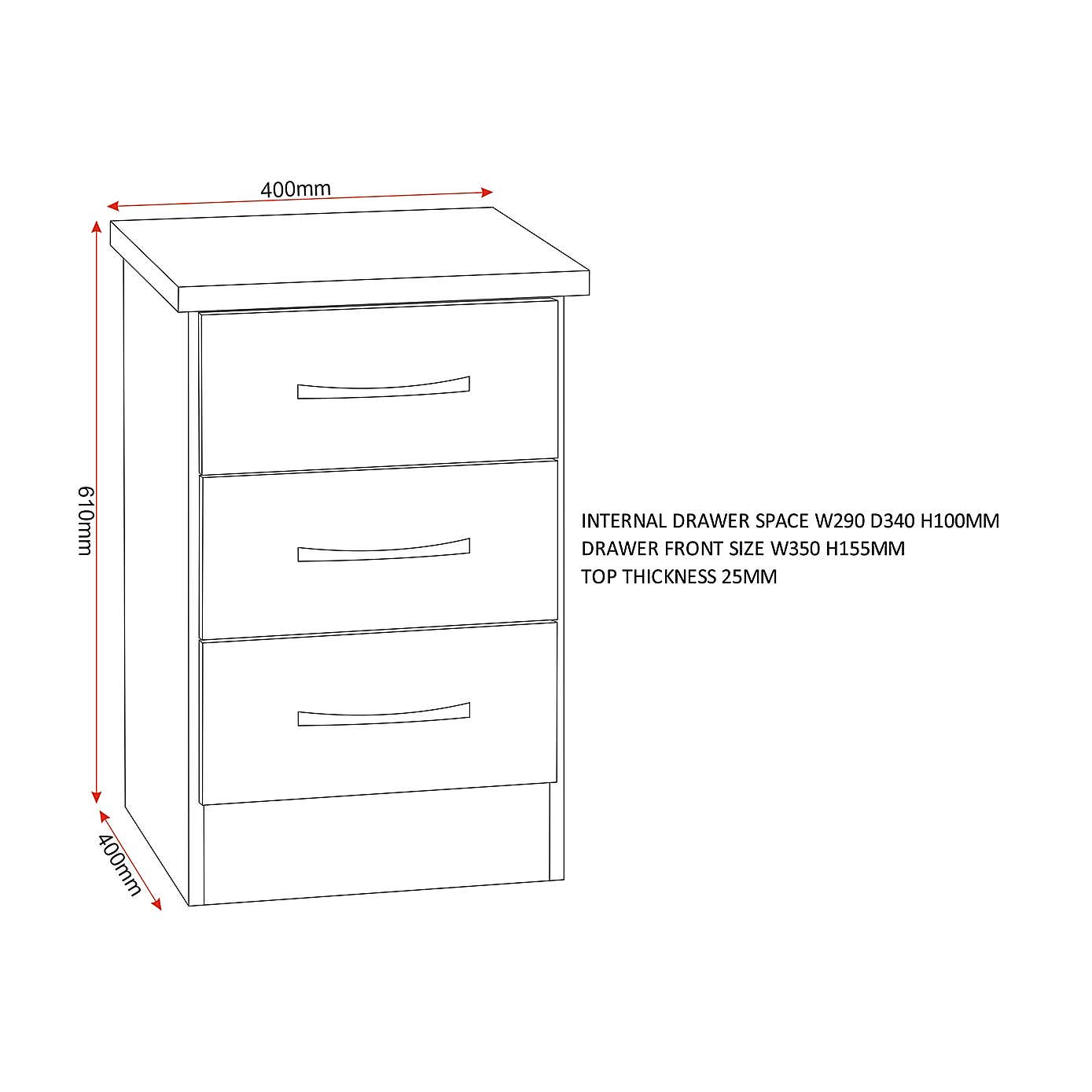 Nevada 3 Drawer Bedside Table