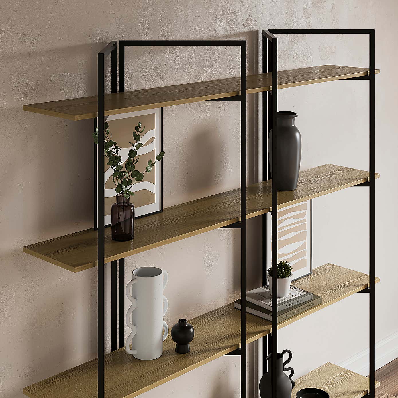Ramson Tall and Wide Shelving Unit, Oak and Black