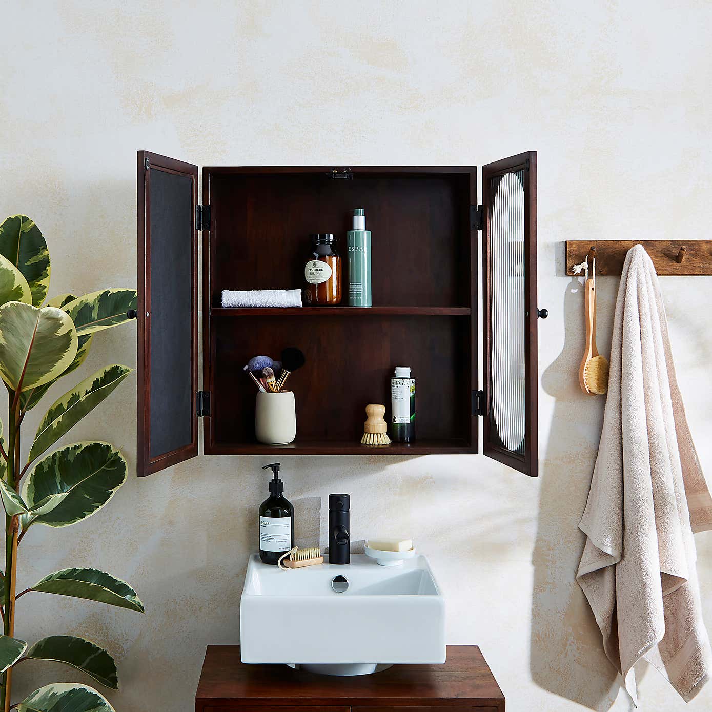 Elias Wall Cabinet, Acacia wood and Reeded Glass