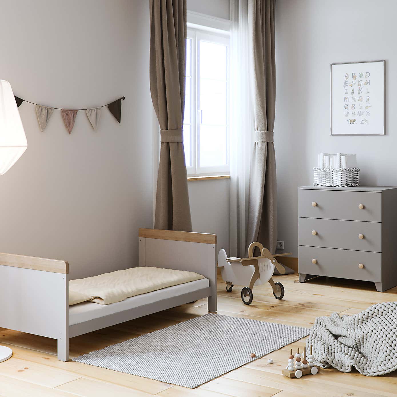 Little Acorns Classic Oak Effect Cot Bed and 3 Drawer Chest Nursery Set