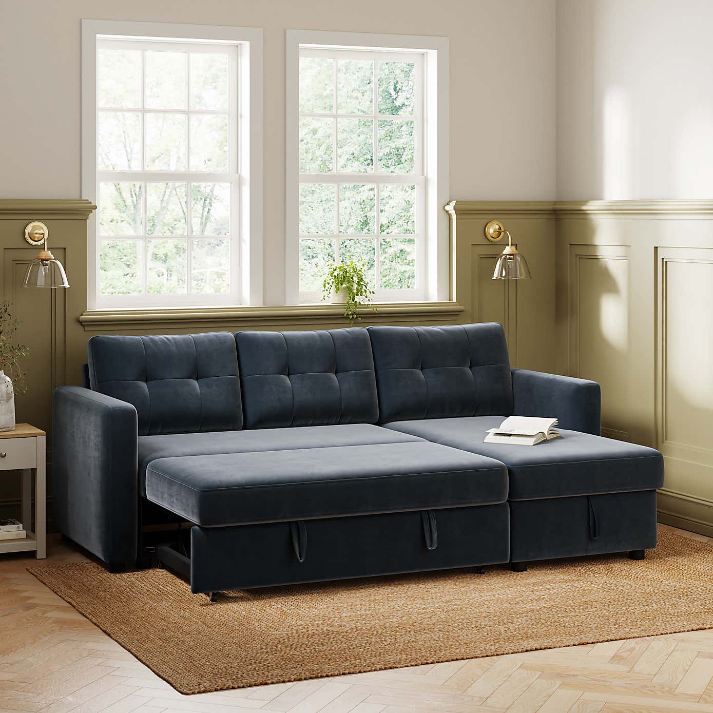 Barker Velvet Trundle Corner Chaise Sofa Bed