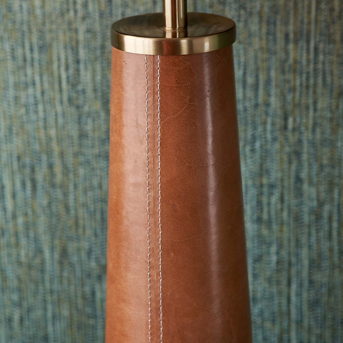 Laurence Tan Leather Brass Table Lamp with 40cm Linen Drum Shade
