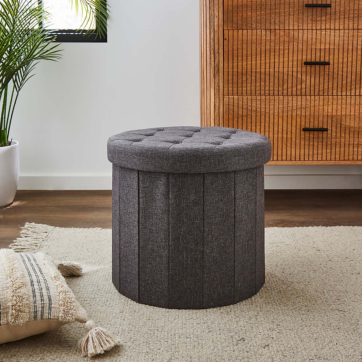 Round Grey Shoe Storage Ottoman