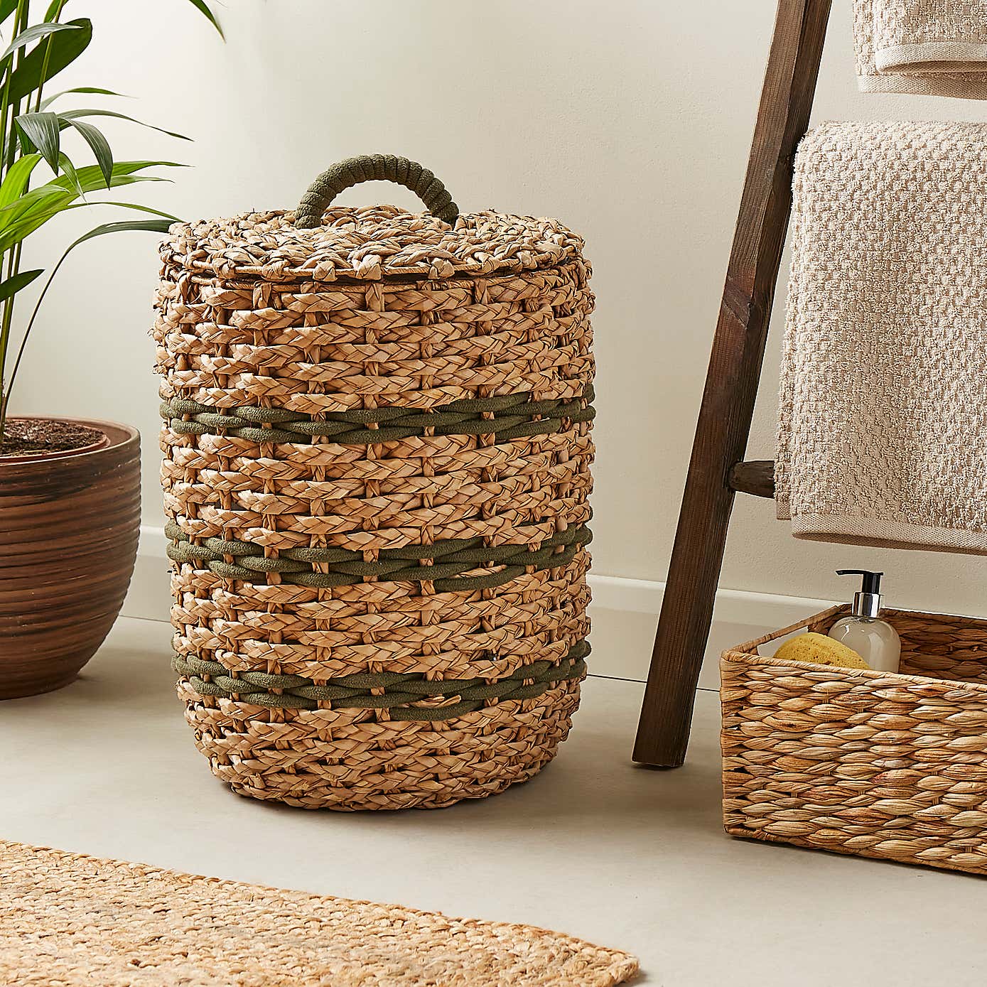 Rope Olive Green Stripe Rush Laundry Basket