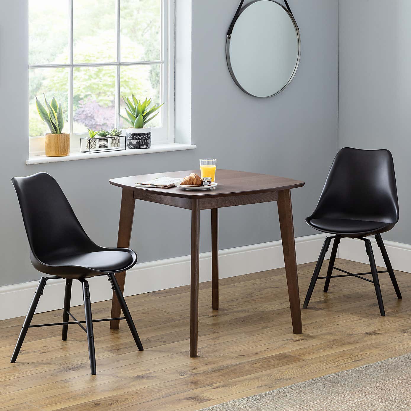 Lennox Square Dining Table with 2 Kari Black Chairs