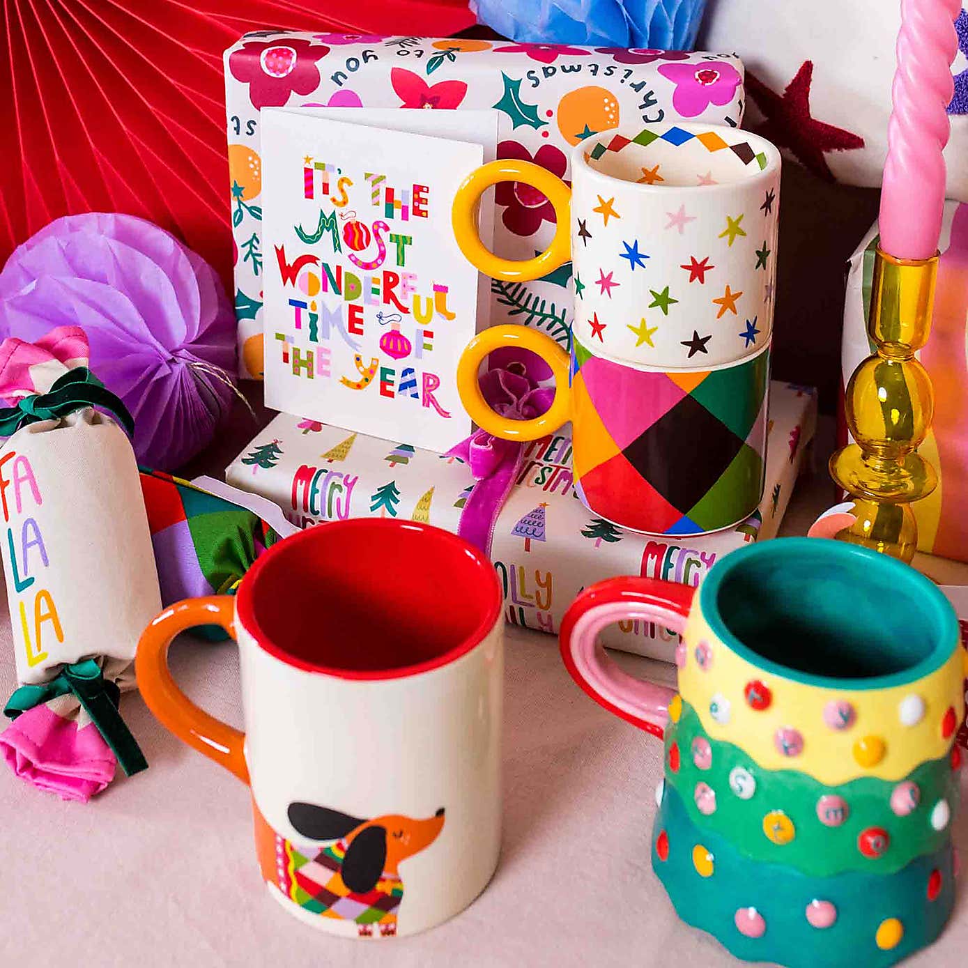 Raspberry Blossom Set of 2 Check and Star Patterned Mugs