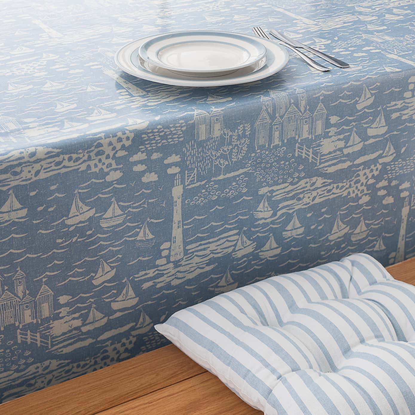 By the Metre Seaside Town PVC Ashley Blue