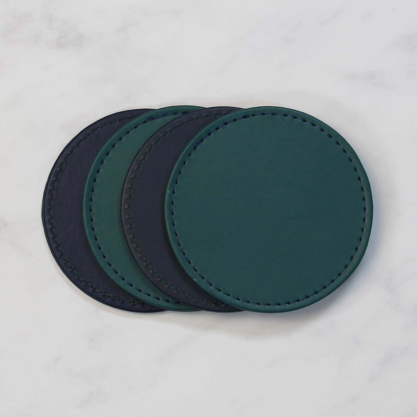 Set of 4 Peacock & Navy Faux Leather Reversible Round Coasters