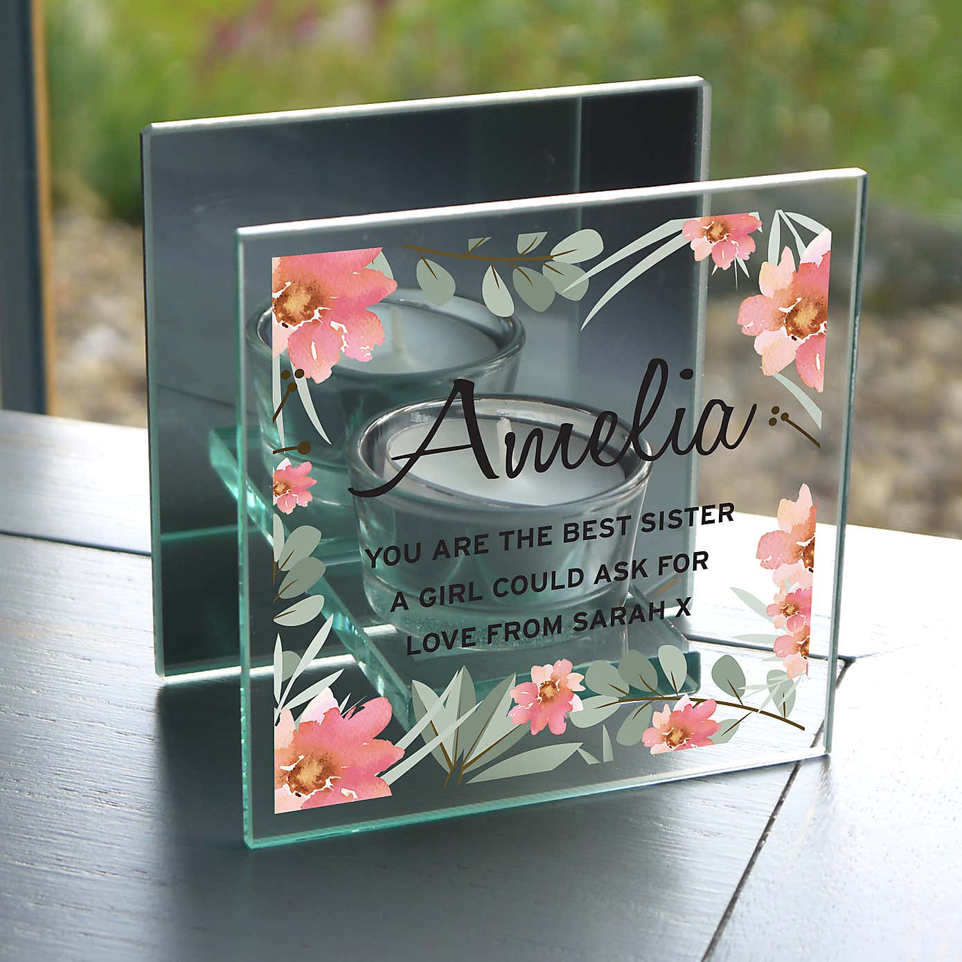 Personalised Floral Sentimental Mirrored Glass Tea Light Holder