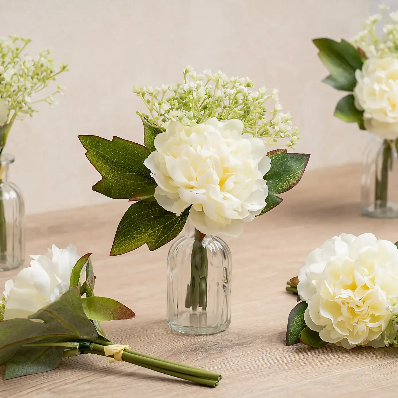 Set of 6 Artificial Peony & Gypsophila Posies