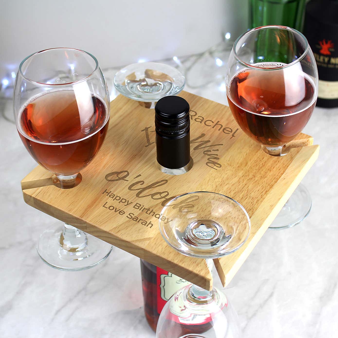 Personalised Wine Oclock Wooden Four Wine Glasses and Bottle Holder