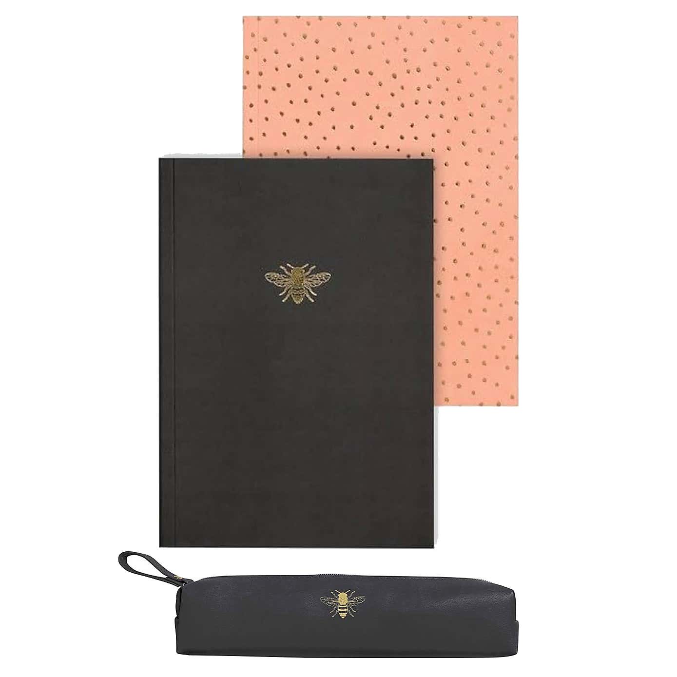 Brandvine Set of 2 Black & Coral Notebooks & Bee Pencil Case