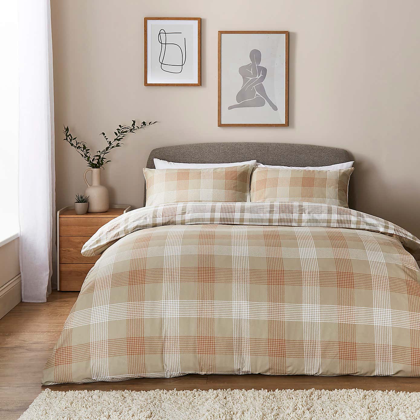 Grey Natural Check Brushed Cotton Duvet Cover and Pillowcase Set