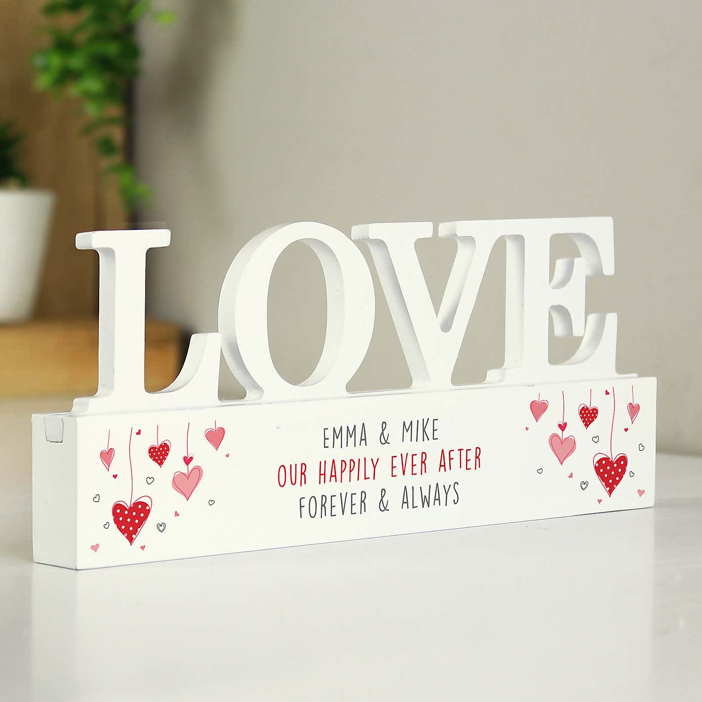 Personalised  Love Wooden Ornament with Red hearts design