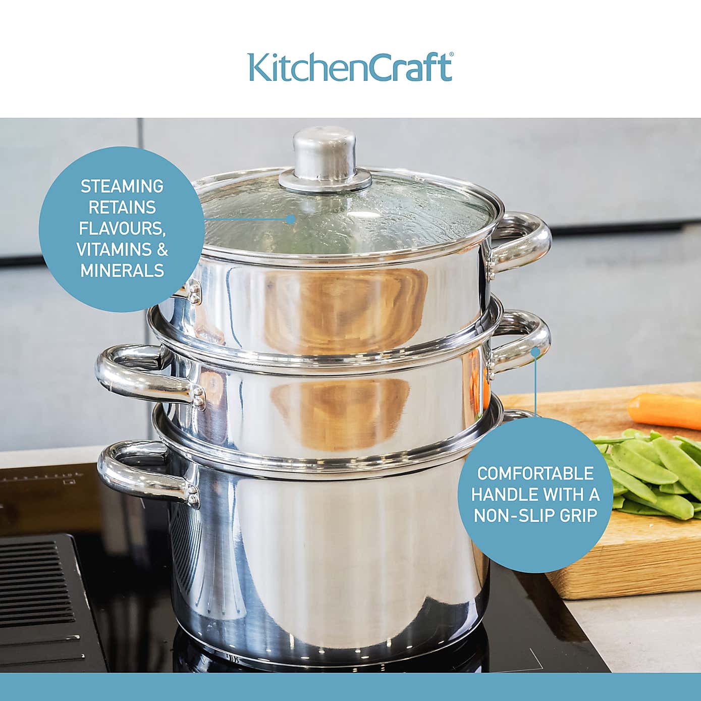 KitchenCraft 3-Tier Food Steamer with Glass Lid