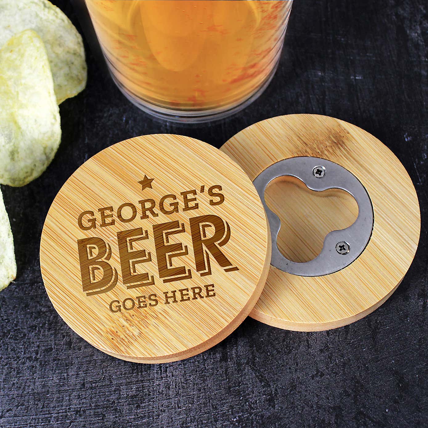 Personalised Beer Goes Here Bamboo Coaster with Hidden Bottle Opener