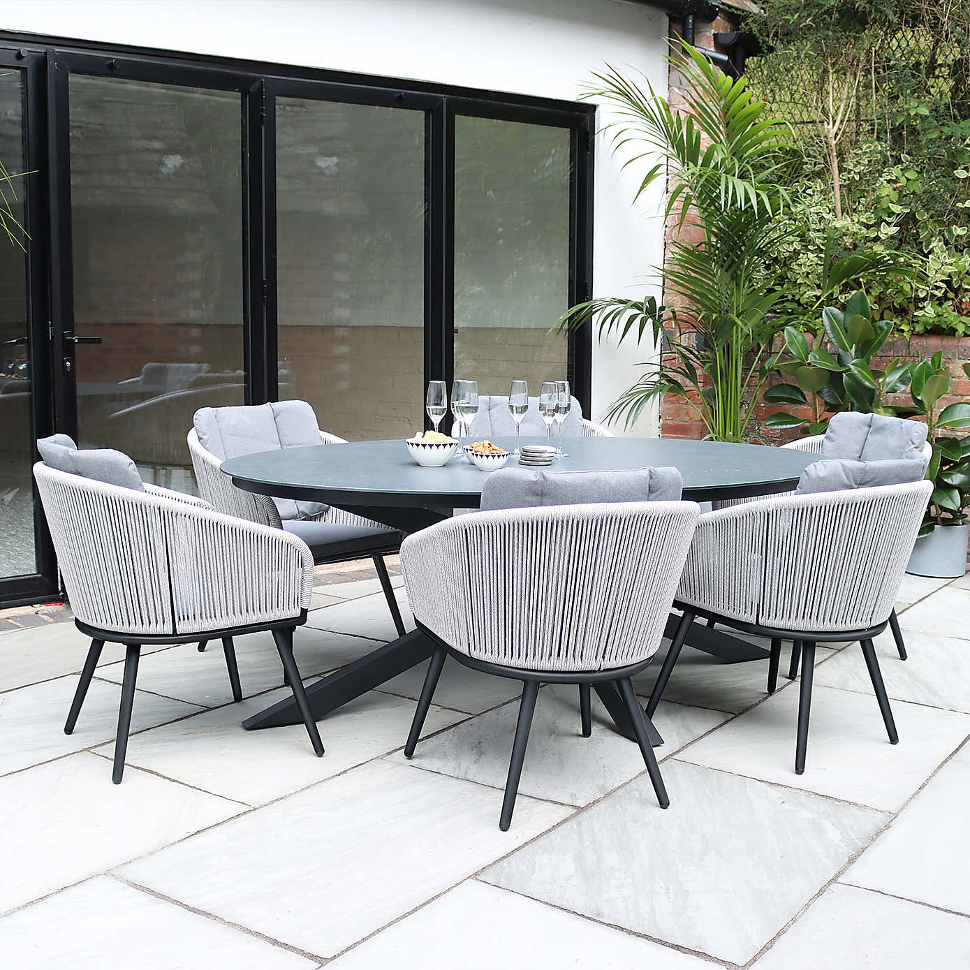 A.Mir Aspen Ceramic Top Outdoor Dining Table with 6 Rope Chairs