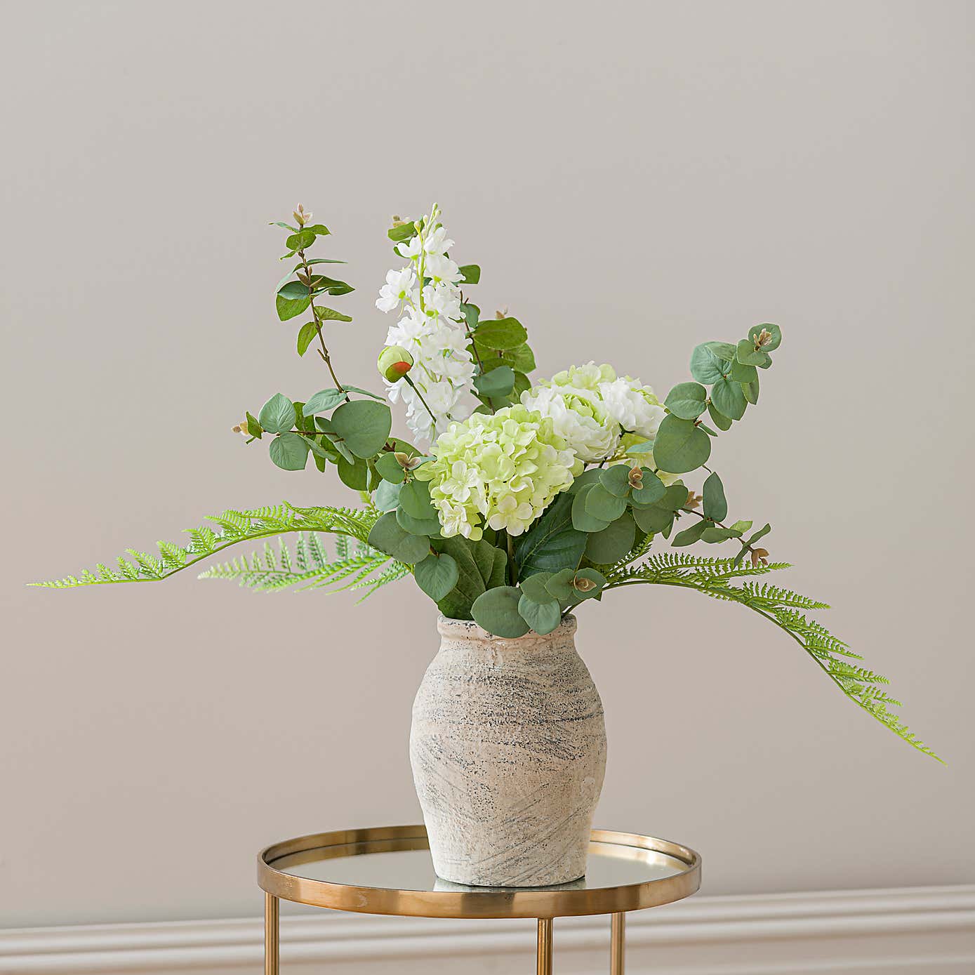Artificial Green Hydrangea & Eucalyptus in Washed Grey Resin Vase