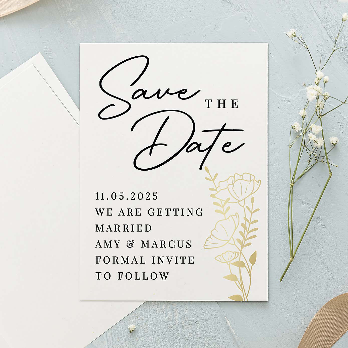 Pack of 36 Personalised Gold Floral Save the Date Cards