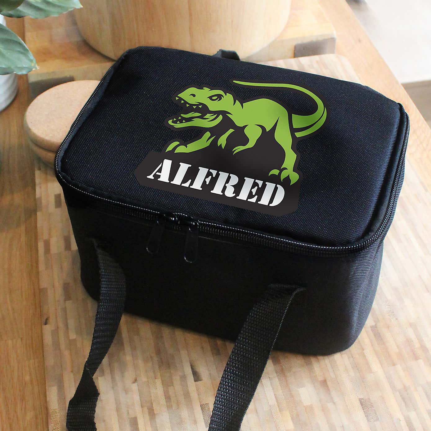 Personalised Black Dinosaur Lunch Bag