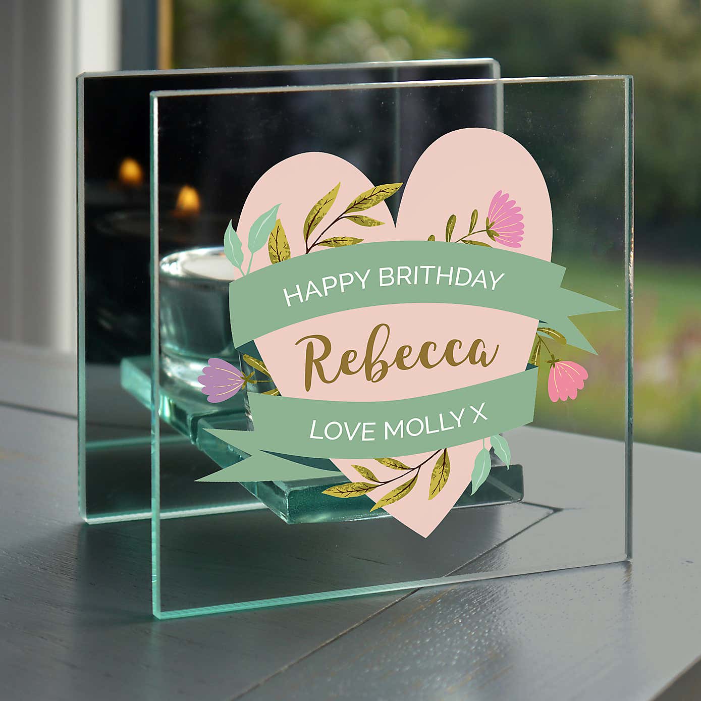 Personalised Floral Heart Mirrored Glass Tea Light Holder