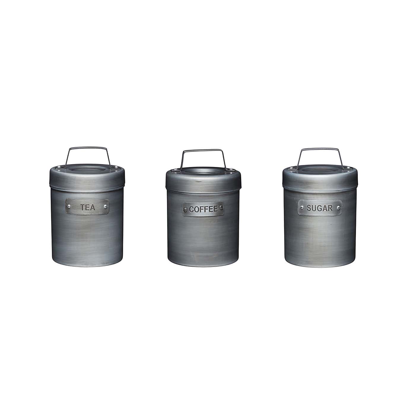 Set of 3 Grey Metal Coffee, Sugar and Tea Canister Set