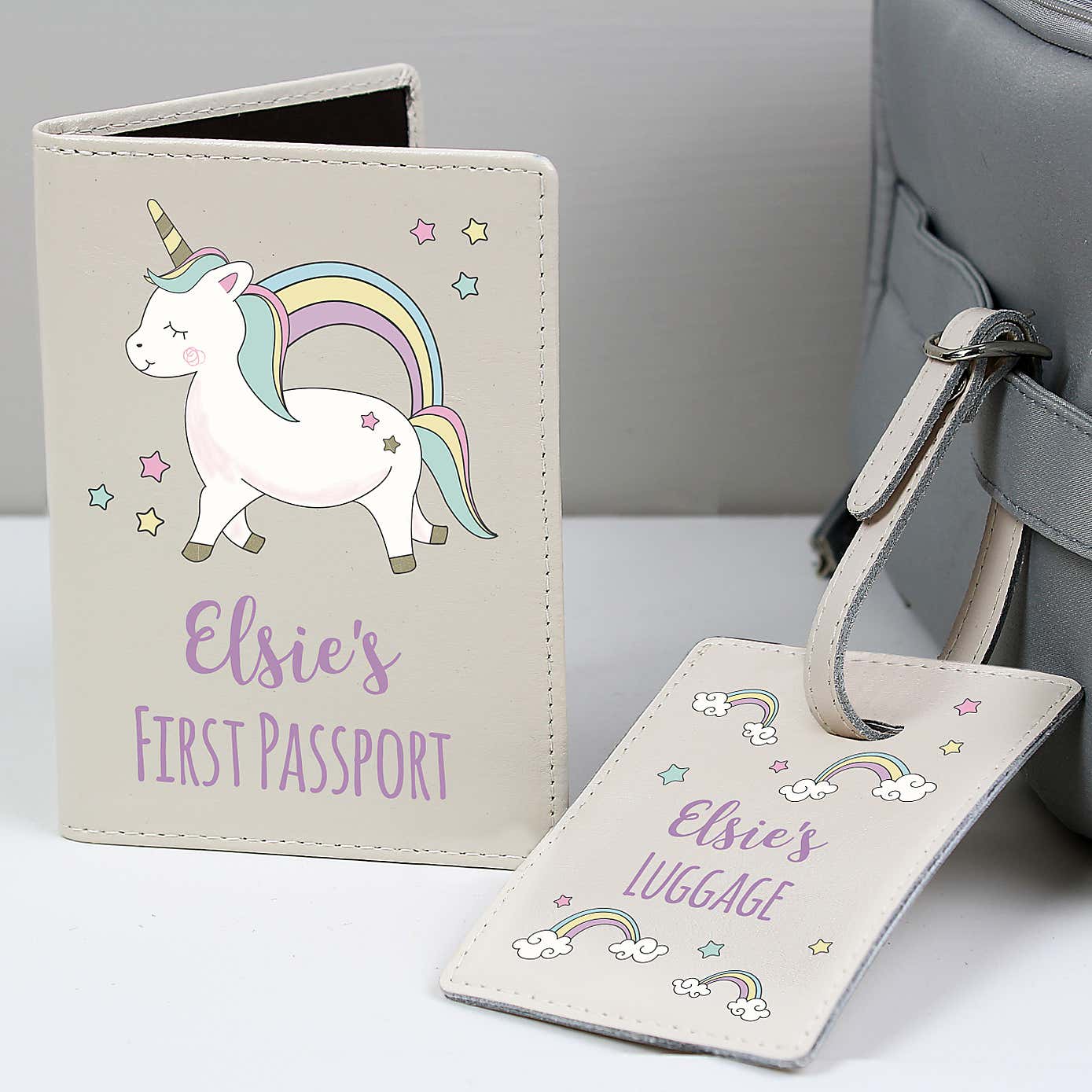 Personalised Baby Unicorn Passport Holder and Luggage Tag Set