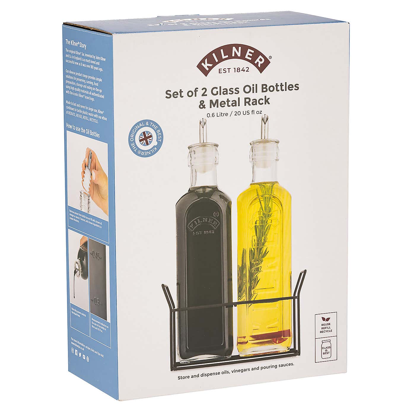Kilner Set of 2 0.6 Litre Oil Bottles with Metal Rack