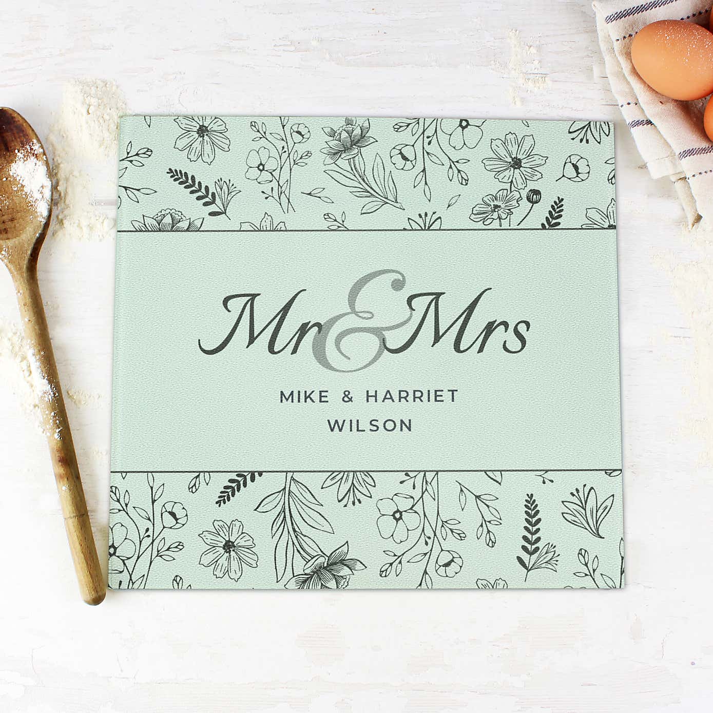 Personalised Mr and Mrs Botanical Glass Worktop Saver