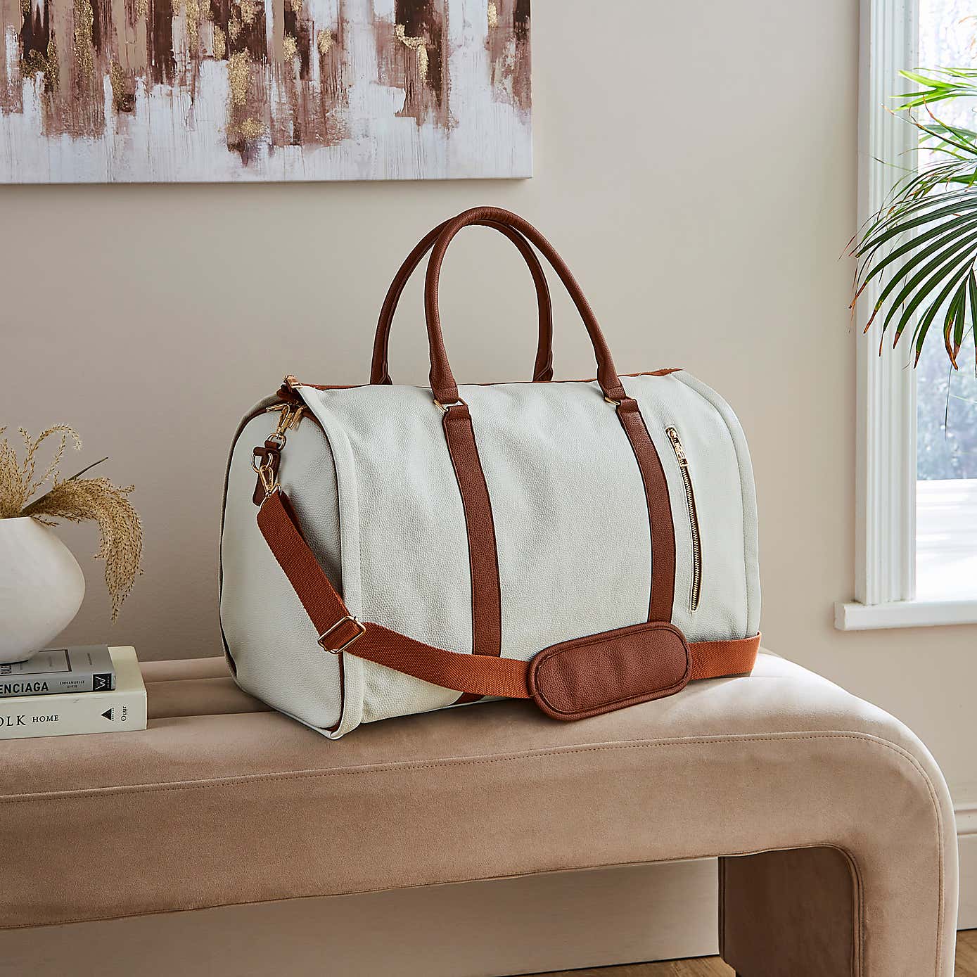 Cream & Tan Faux Leather Fold Out Holdall Bag