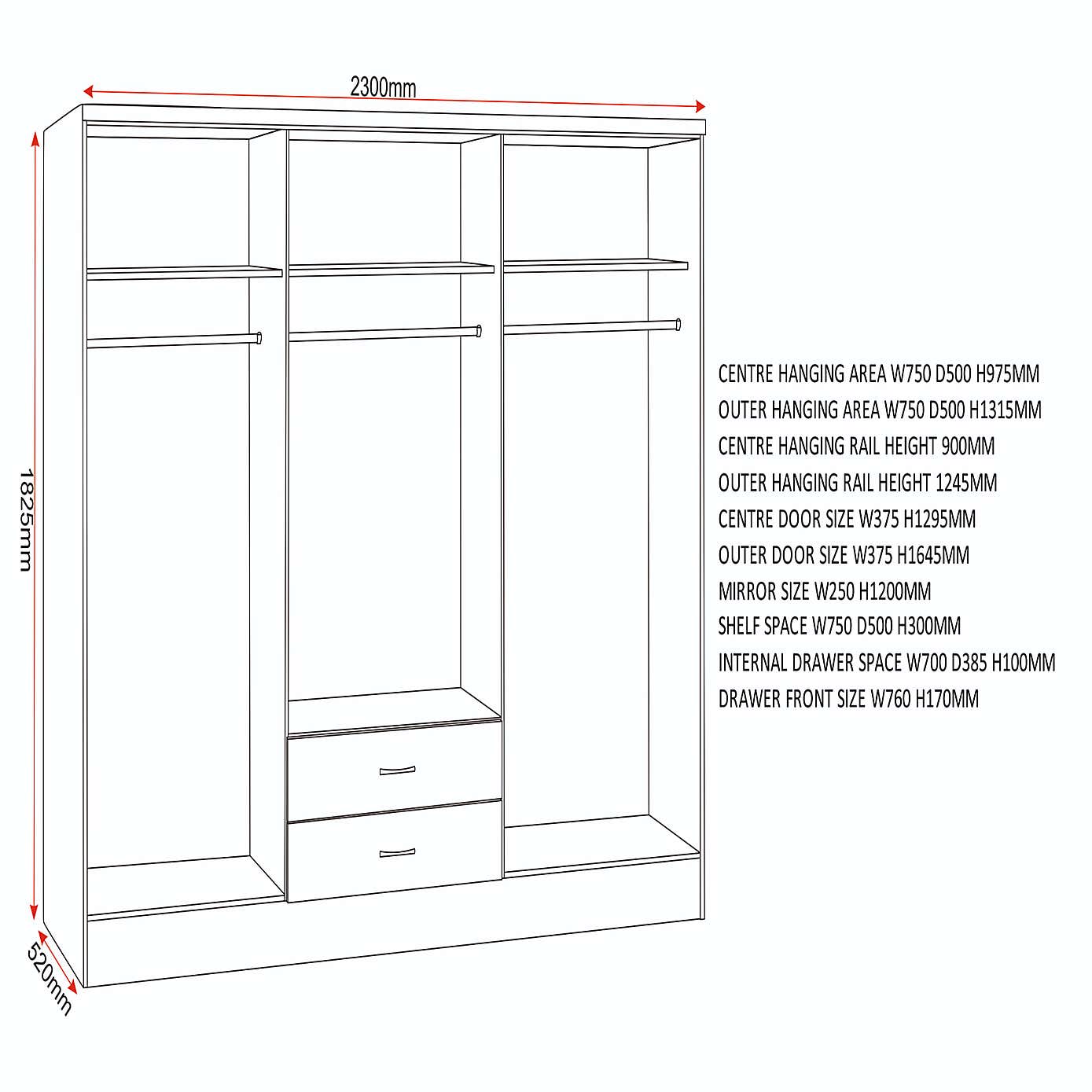 Nevada 6 Door 2 Drawer Wardrobe