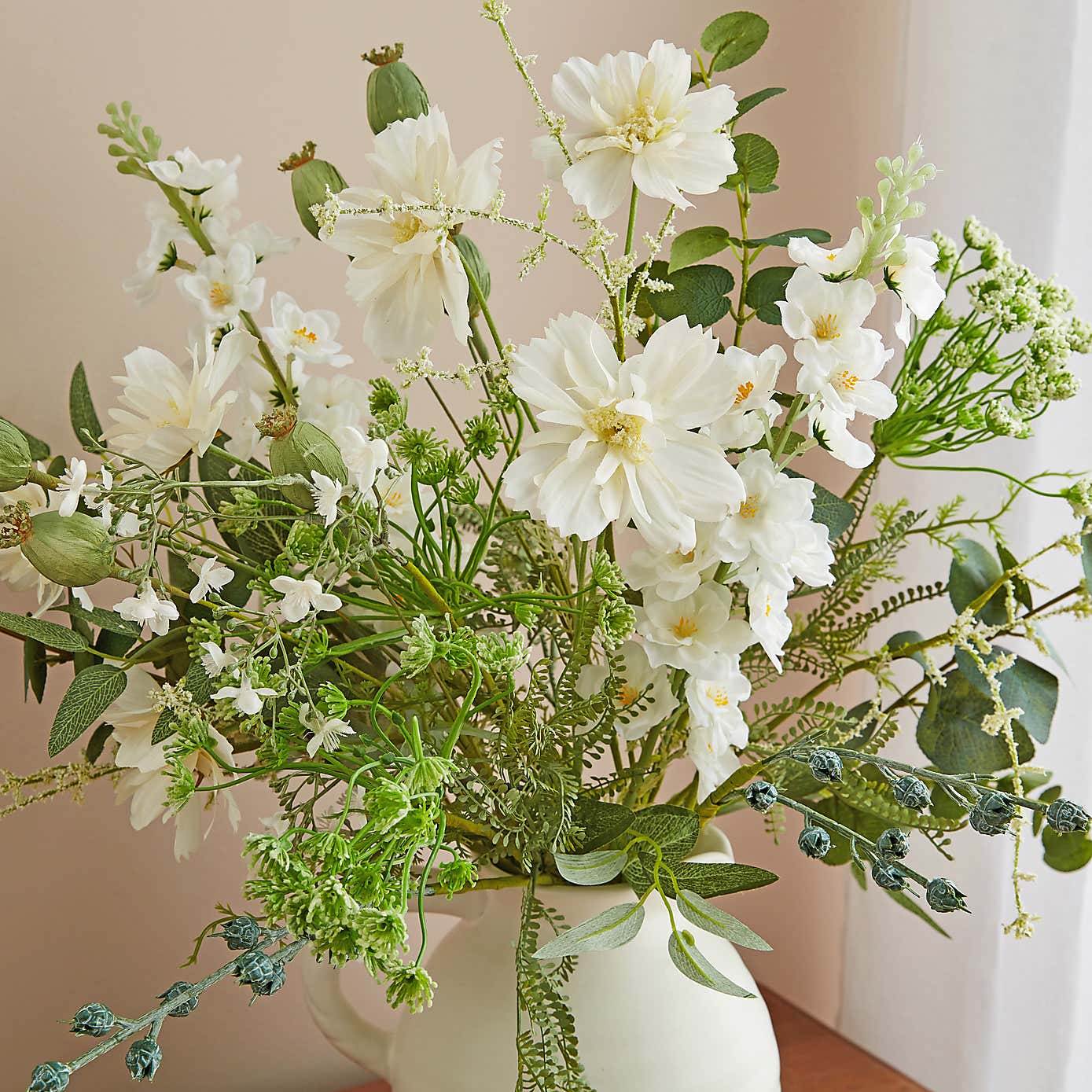 Artificial Wildflower & Eucalyptus Bouquet in Ceramic Jug Vase