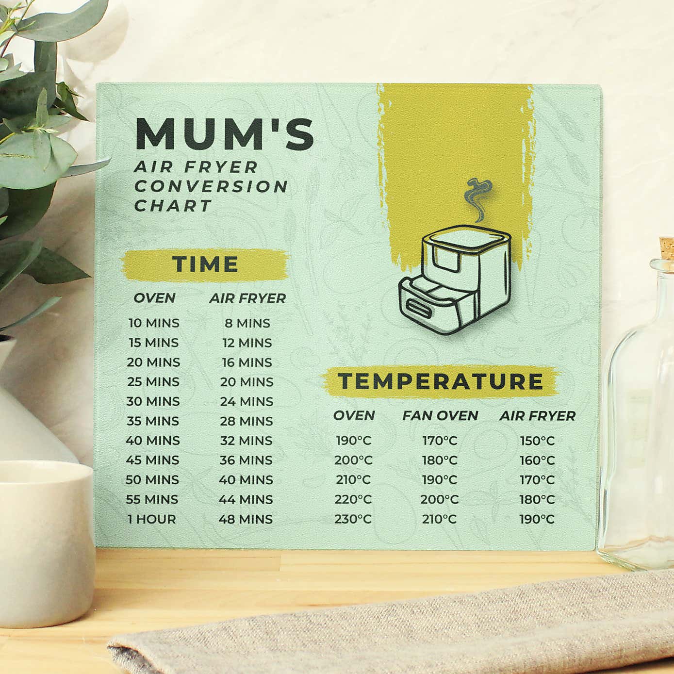 Personalised Air Fryer Chart Glass Worktop Saver