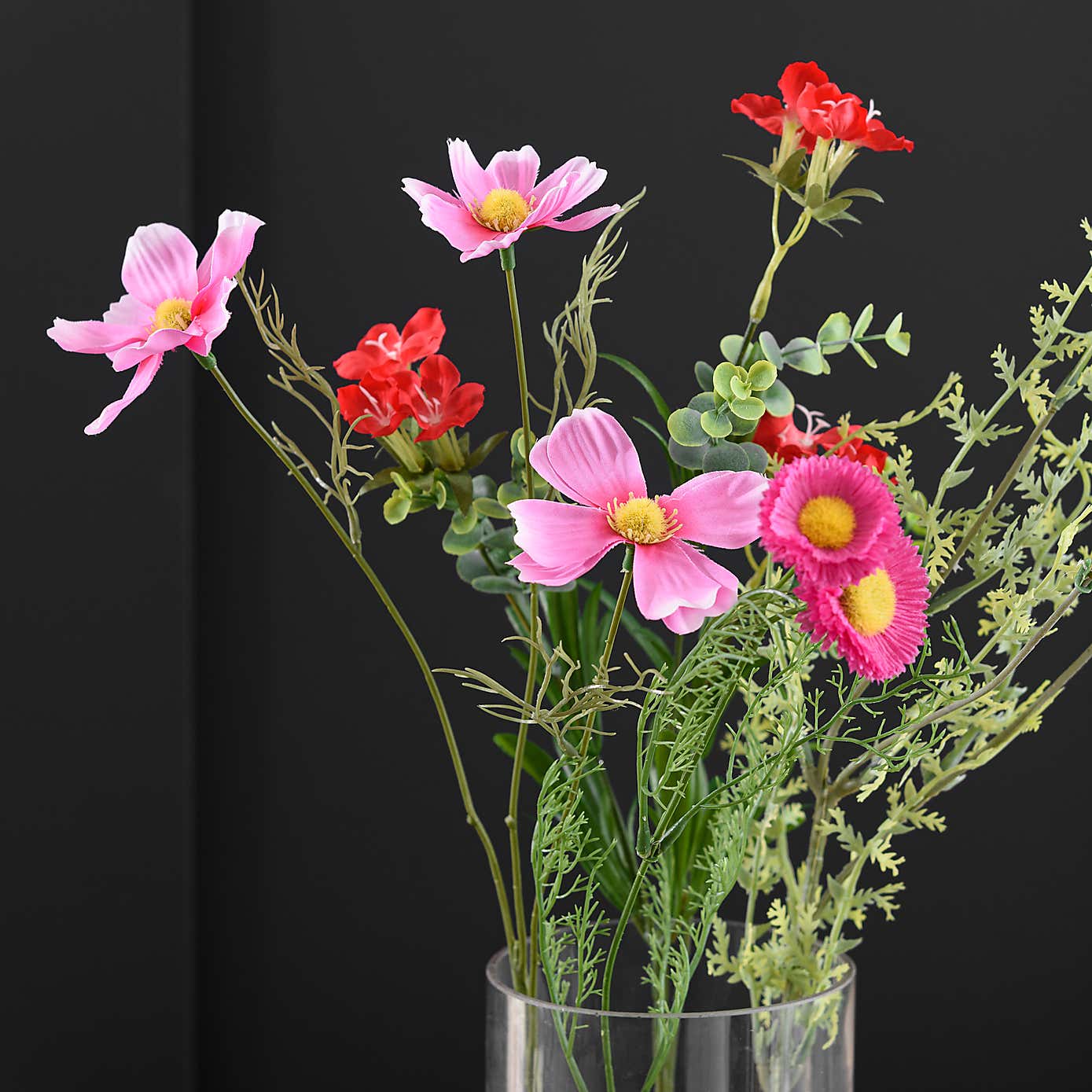 Artificial Pink and Red Wildflower Bouquet in Glass Vase