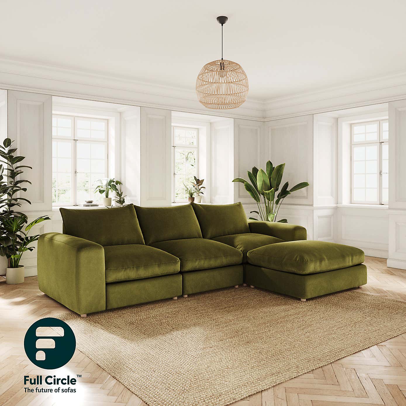 Full Circle Austin Luxury Velvet Right Hand Facing Corner Chaise, Olive