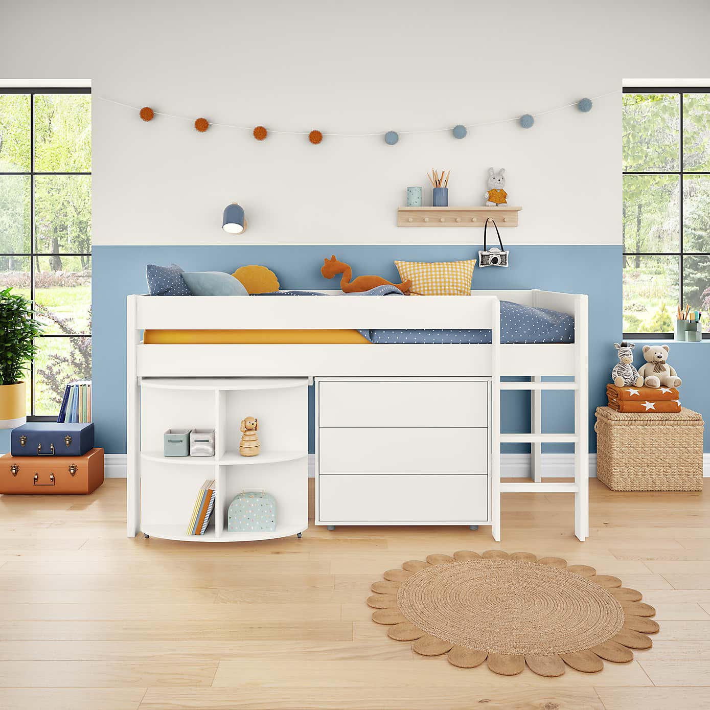 Stompa Uno Midsleeper With Pull Out Desk and Chest of Drawers, Pine