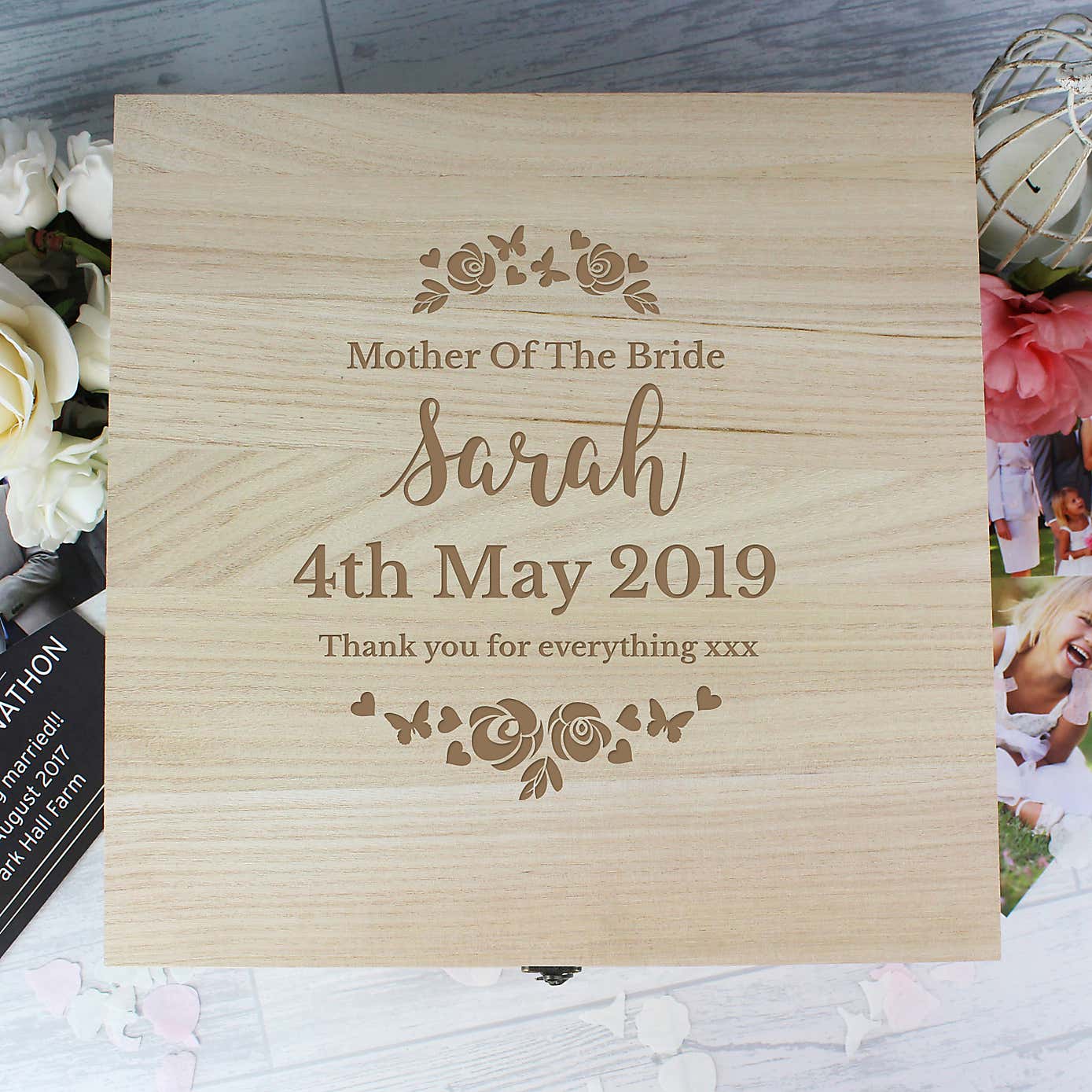 Personalised Any Role Floral Watercolour Wedding Large Wooden Keepsake Box