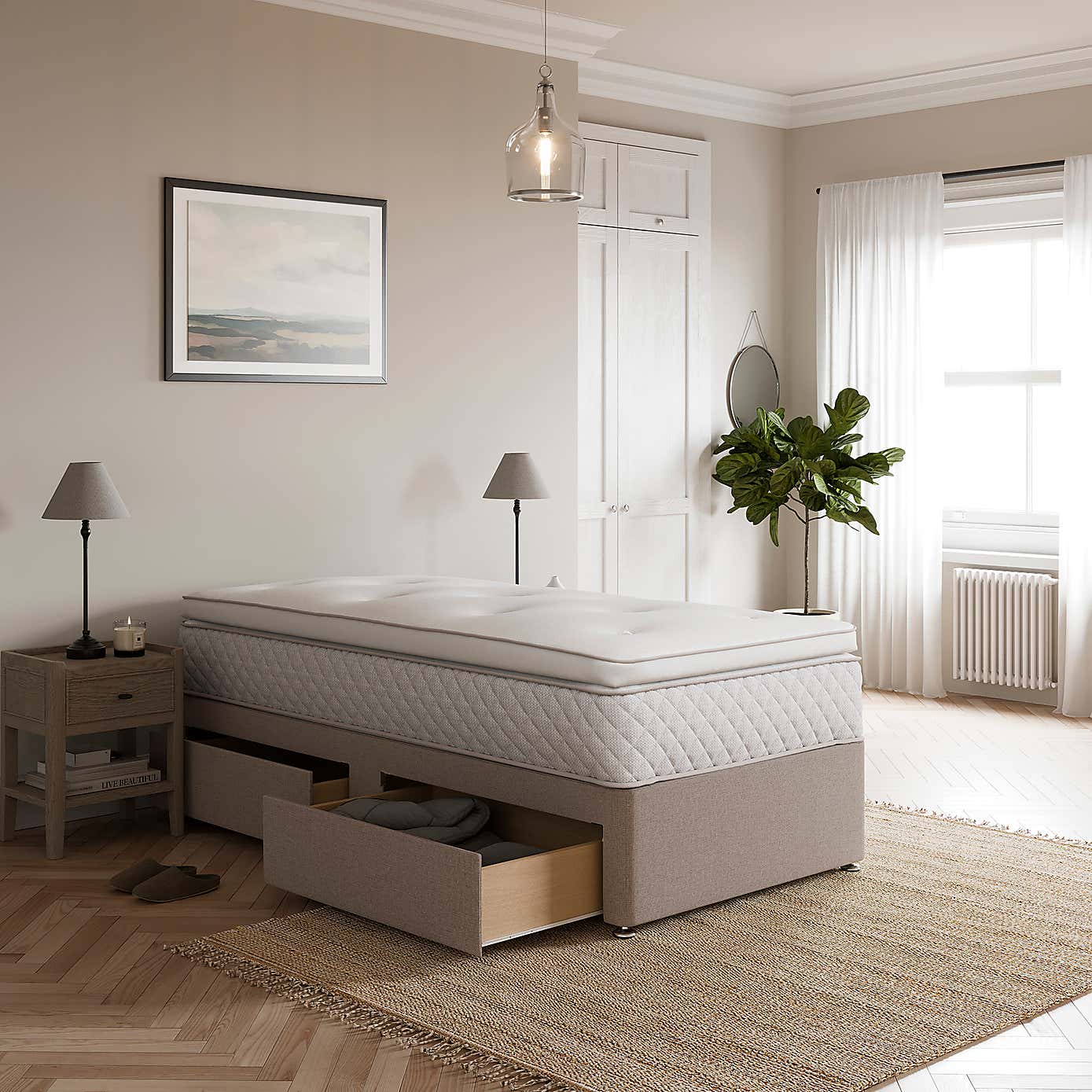 Fogarty Open Coil Memory Pillowtop Mattress and Divan Set, Faux Linen