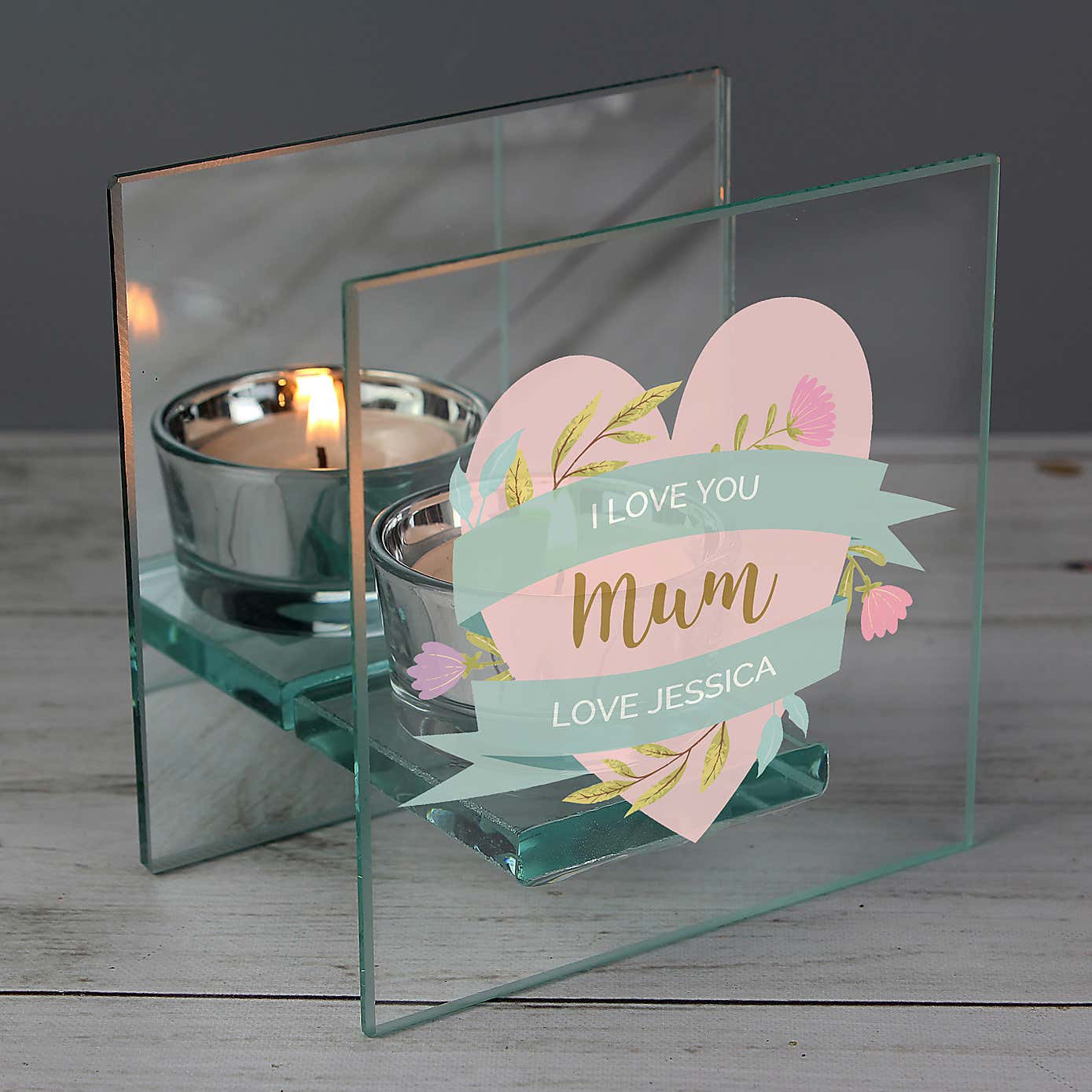 Personalised Floral Heart Mirrored Glass Tea Light Holder
