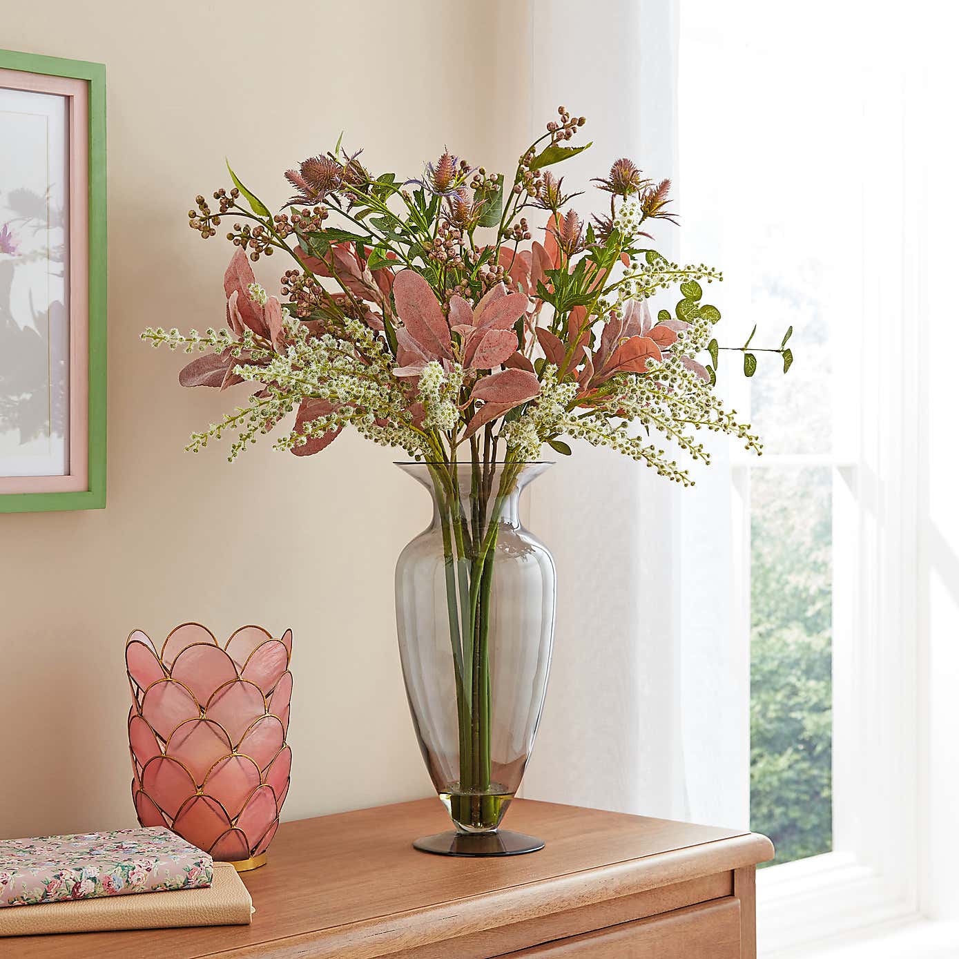 Artificial Floral Bouquet in Curved Glass Vase