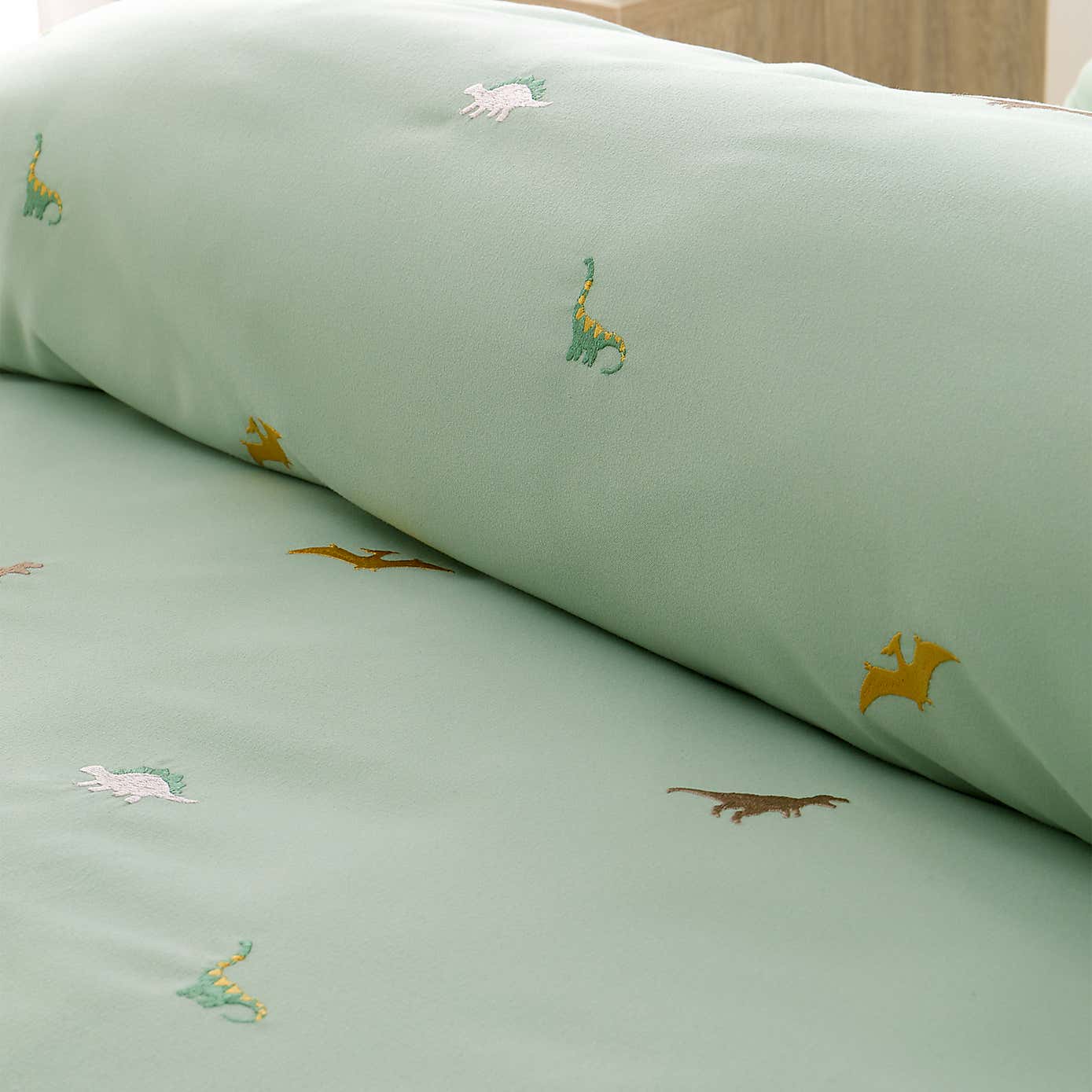 Catherine Lansfield Embroidered Dino Green Microfibre Duvet Cover and Pillowcase Set